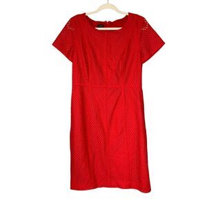Talbots red floral eyelet sheath short sleeve‎ midi dress. Size 10